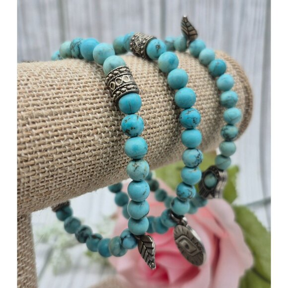 Lot Set of 3 Faux Turquoise & Silver Tone Charm Stretch Bracelet Hamsa Evil Eye - Picture 3 of 8